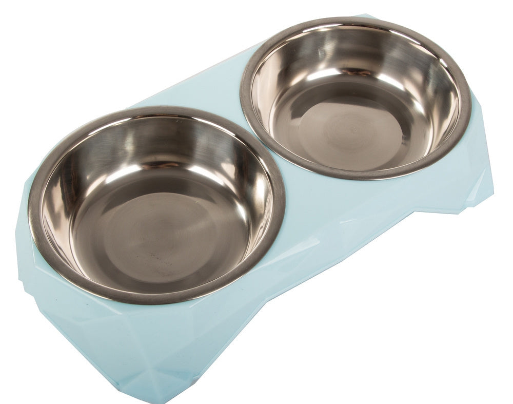 Dubbel matskål hund/katt 2x0,35 L skålar i stål med plastbas