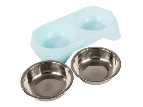 Dubbel matskål hund/katt 2x0,35 L skålar i stål med plastbas