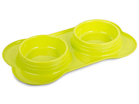 Dubbel matskål hund/katt 2x400 ml plast grön med halkfötter