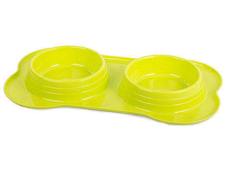 Dubbel matskål hund/katt 2x400 ml plast grön med halkfötter