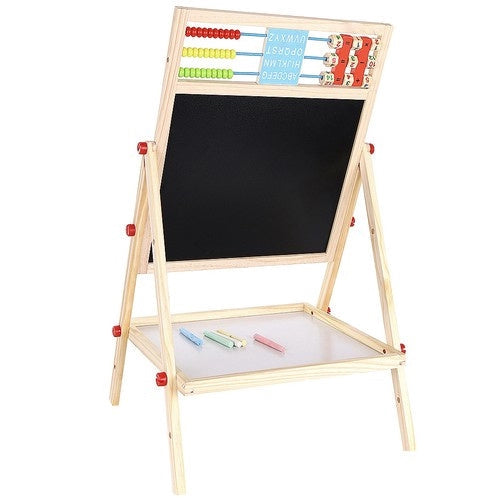 Dubbelsidig rittavla i trä för barn med krita/tusch, abakus & klocka