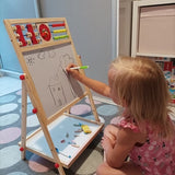 Dubbelsidig rittavla i trä för barn med krita/tusch, abakus & klocka