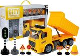 Dumper leksaksset 1:14 med friktionsdrift, ljus/ljud & trafikskyltar