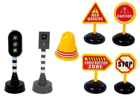 Dumper leksaksset 1:14 med friktionsdrift, ljus/ljud & trafikskyltar