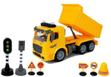 Dumper leksaksset 1:14 med friktionsdrift, ljus/ljud & trafikskyltar