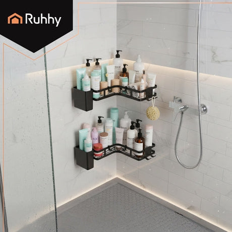 Duschhörnhylla set 2-pack självhäftande utan borrning stål svart