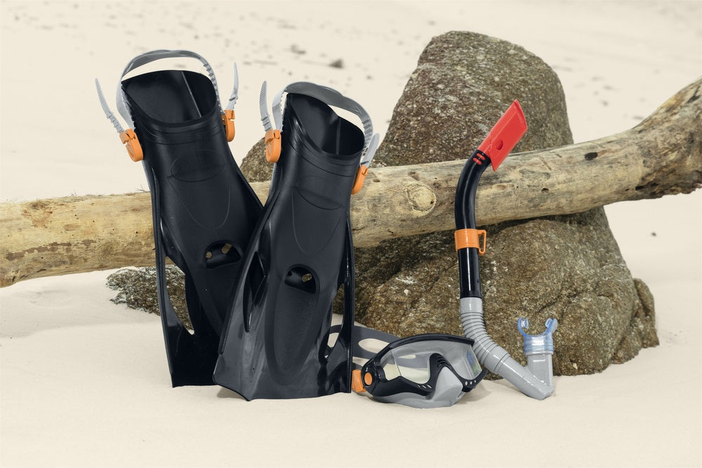 Dykset mask snorkel fenor 41-46, härdat glas, UV-skydd, 14+