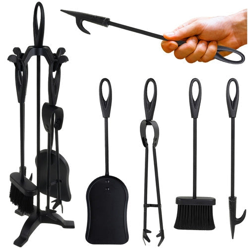 Eldstadsverktyg set 5 delar 42 cm rostfritt stål svart med ställning