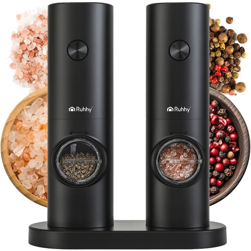 Elektriska salt- och pepparkvarnar 2-pack svart, keramisk kvarn, LED