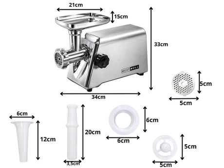 Elektrisk köttkvarn 800 W med 3 hålskivor 3/5/7 mm korvtillsats