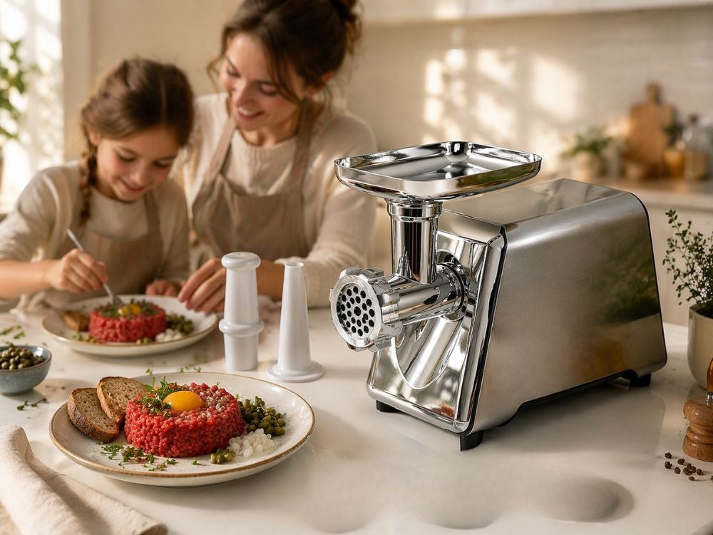 Elektrisk köttkvarn 800 W med 3 hålskivor 3/5/7 mm korvtillsats