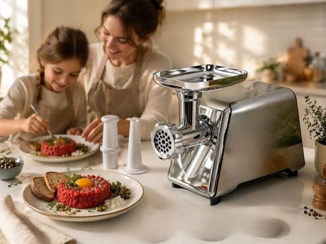 Elektrisk köttkvarn 800 W med 3 hålskivor 3/5/7 mm korvtillsats
