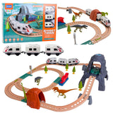 Elektriskt tågset dinosaurier med spår, tunnel, station, ljus & ljud