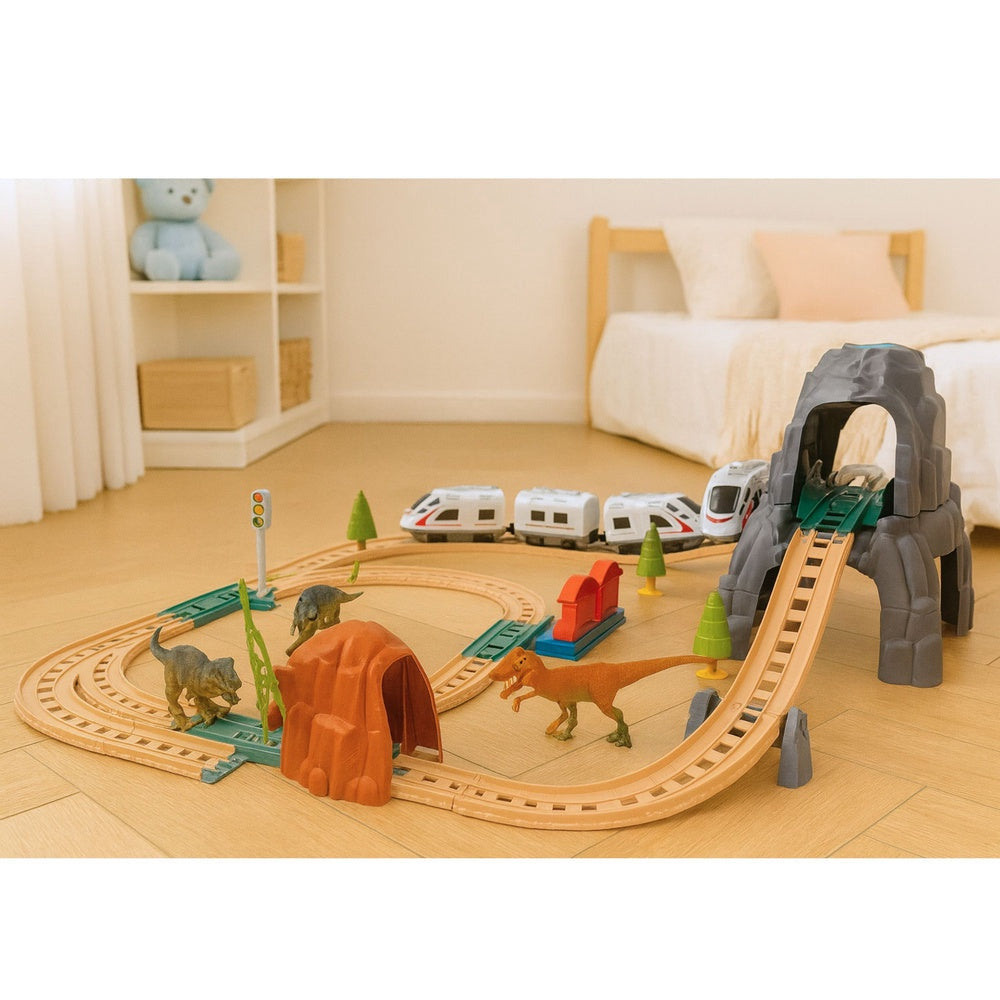Elektriskt tågset dinosaurier med spår, tunnel, station, ljus & ljud