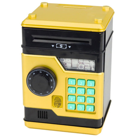Elektronisk spargris ATM med PIN-kod, mynt- och sedelinsättning, guld