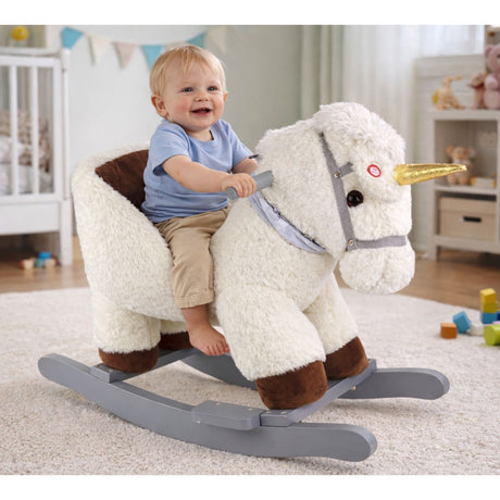 Enhörning gunghäst vit plysch/trä med ljud, handtag och säkerhetsbälte