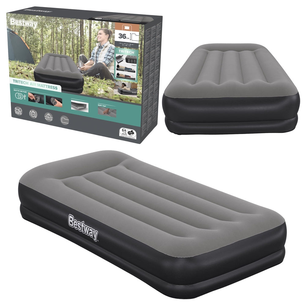 Enkel luftmadrass 191x97x36 cm med USB 5V pump & kudde 150 kg