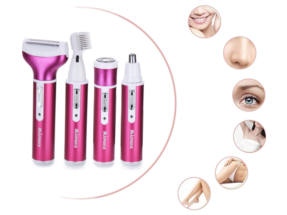 Epilator & body shaver dam 4 huvuden USB-laddning mörkrosa