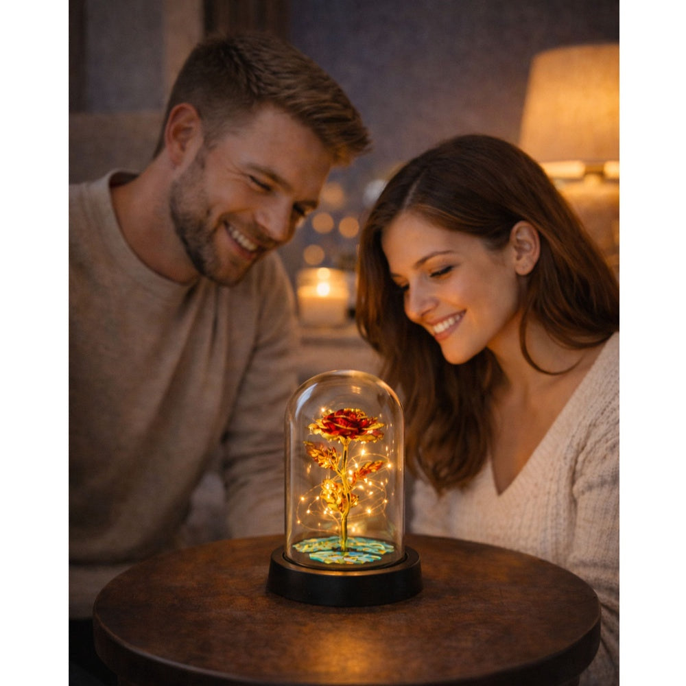 Evig röd ros i glaskupol med LED-belysning 21 cm, 3xAAA