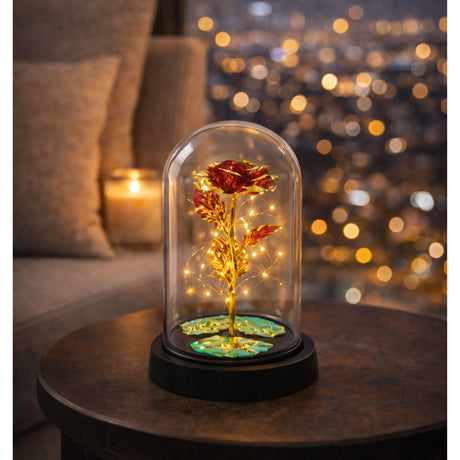 Evig röd ros i glaskupol med LED-belysning 21 cm, 3xAAA