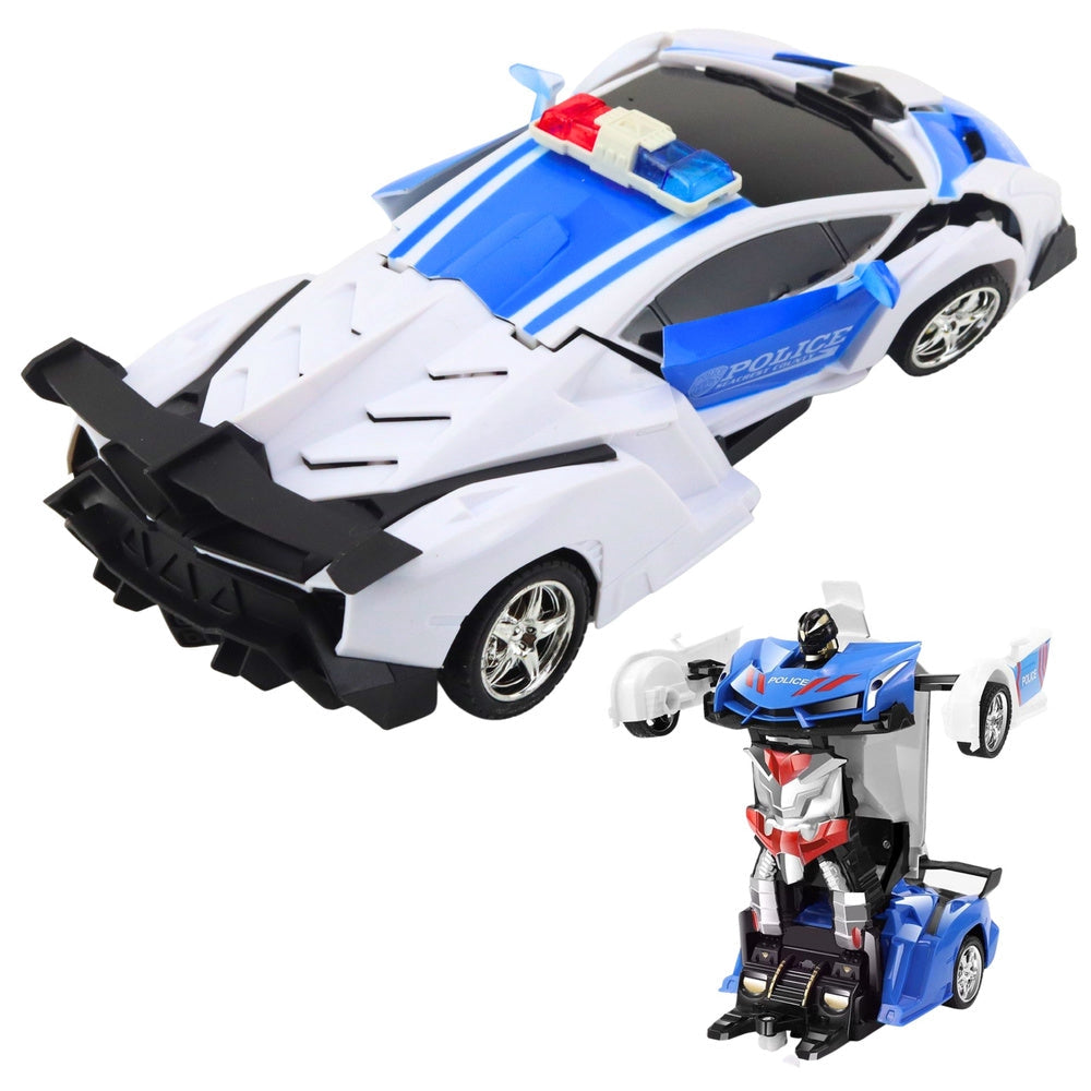 Fjärrstyrd 2-i-1 polisbilsrobot 1:18 med ljus/ljud och batteri