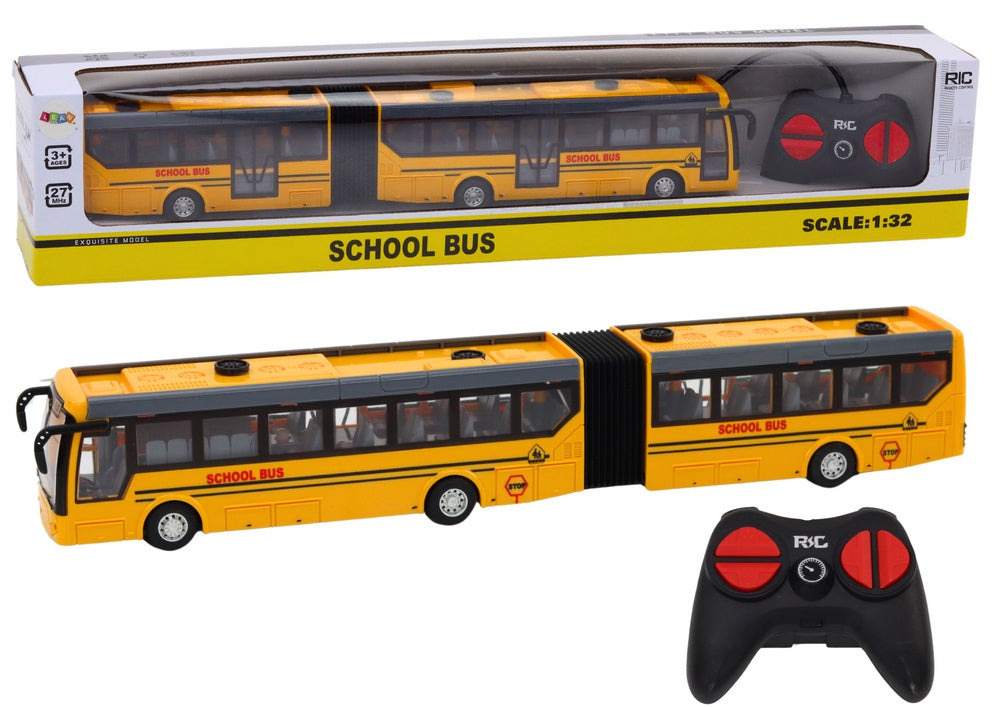 Fjärrstyrd leksaksbuss RC 1:32 gul med lampor, batteri och laddare