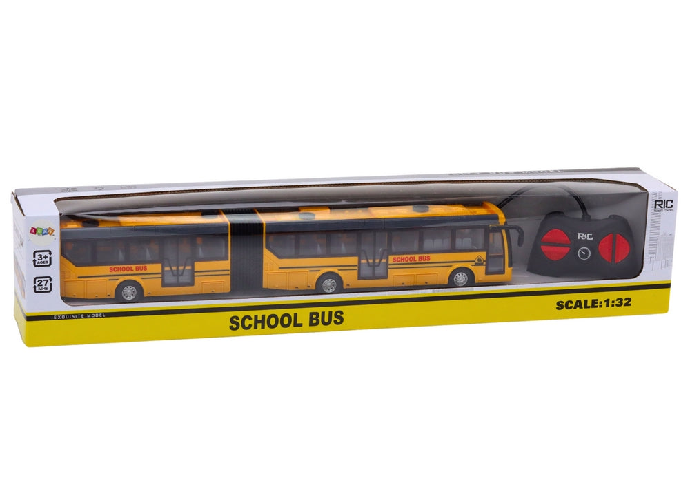 Fjärrstyrd leksaksbuss RC 1:32 gul med lampor, batteri och laddare
