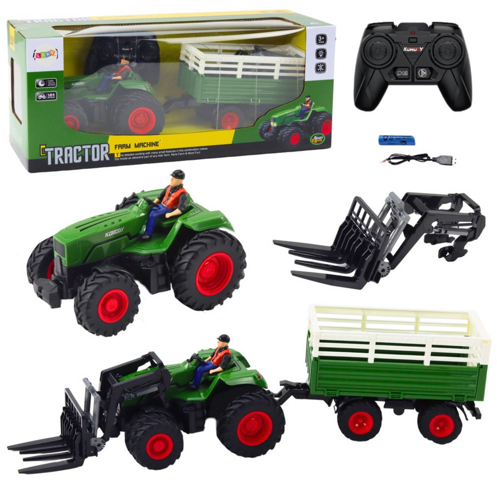 Fjärrstyrd traktor med släp och gafflar 1:24 2.4GHz USB-laddning
