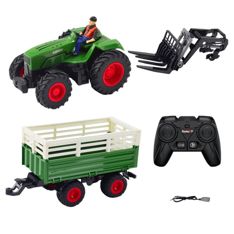 Fjärrstyrd traktor med släp och gafflar 1:24 2.4GHz USB-laddning