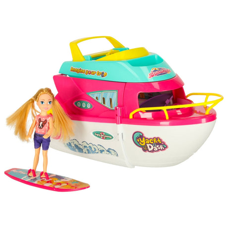 Fällbar leksaksbåt/yacht för dockor med motor, docka och surfbräda