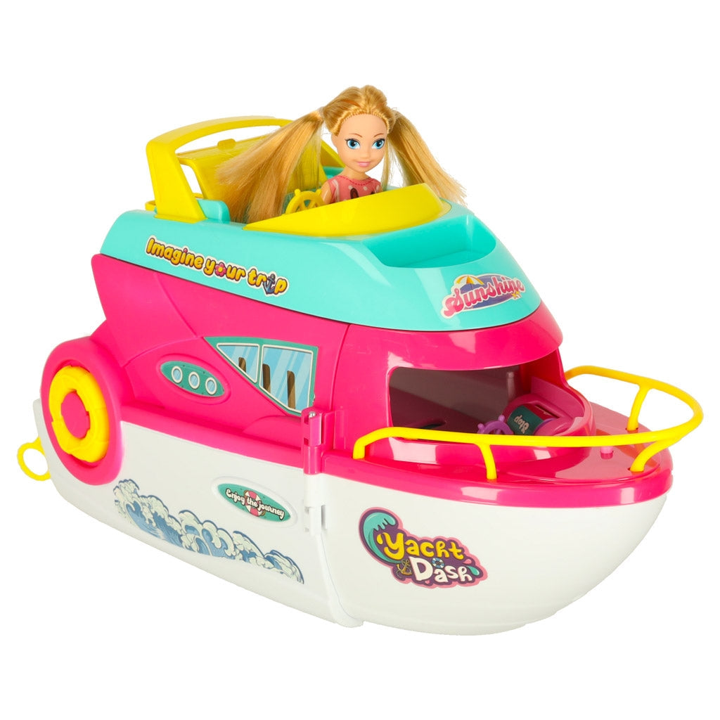 Fällbar leksaksbåt/yacht för dockor med motor, docka och surfbräda