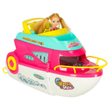 Fällbar leksaksbåt/yacht för dockor med motor, docka och surfbräda