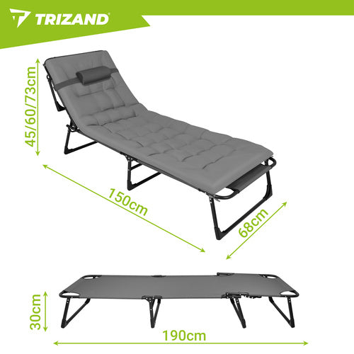 Fällbar trädgårdsloungestol med kudde, 4 lägen, grå, 120 kg