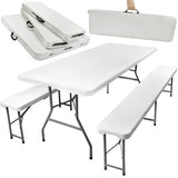 Fällbart trädgårdsbord med 2 bänkar 180x74 cm för 6 personer