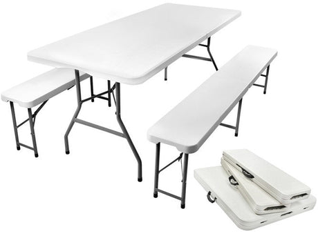 Fällbart trädgårdsbord med 2 bänkar 180x74 cm för 6 personer