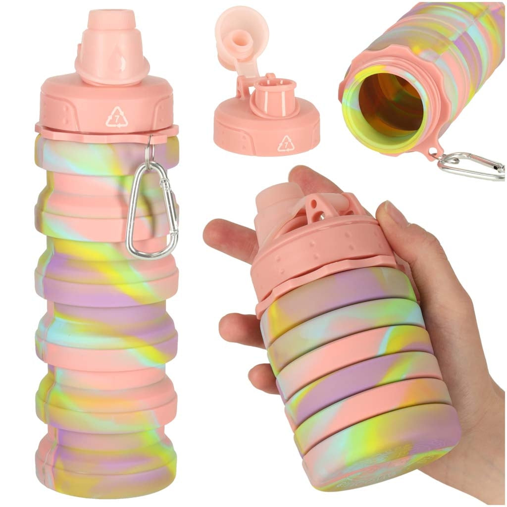 Fällbar vattenflaska 500 ml (250 ml hopfälld) BPA-fri silikon rosa/gul/lila