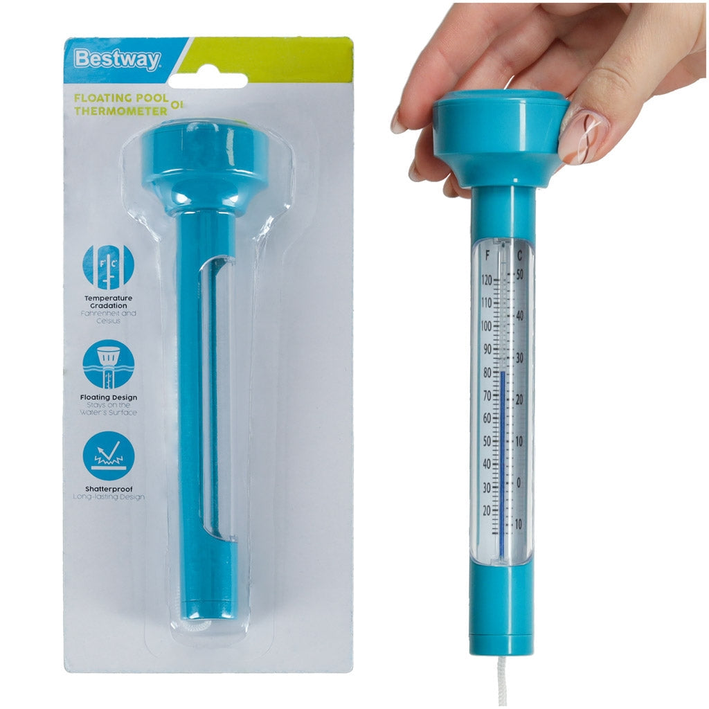 Flytande pooltermometer med snodd, Celsius/Fahrenheit, 19 cm