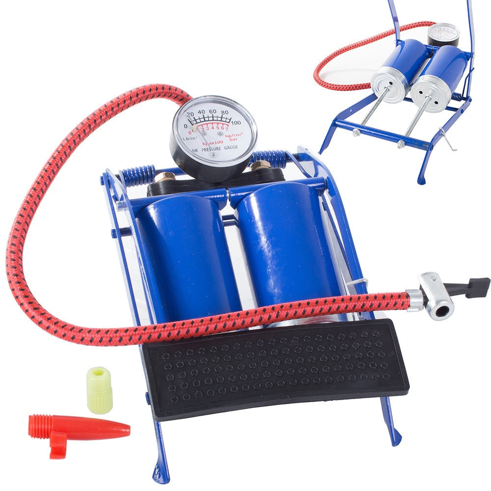 Fotpump dubbelcylinder med manometer 100 PSI/7 bar inkl 2 adaptrar