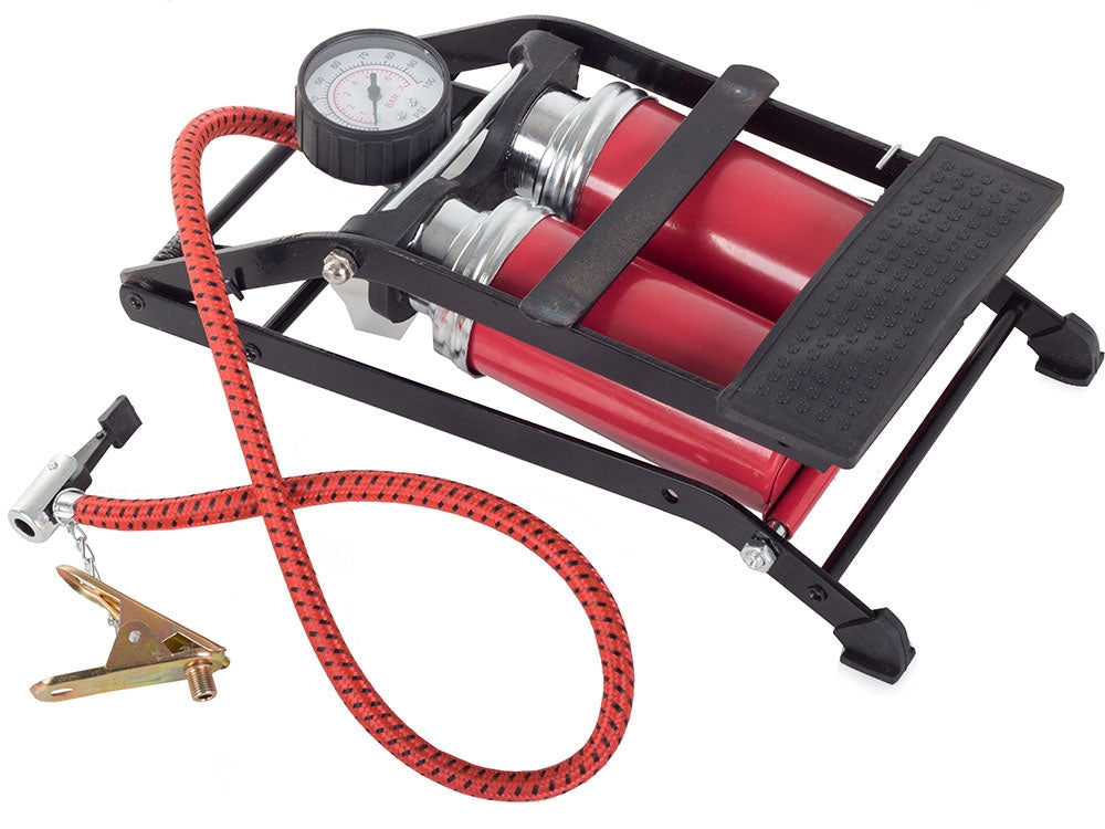 Fotpump med manometer dubbelcylinder 7 bar/100 PSI för bil/cykel
