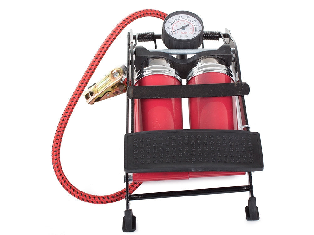 Fotpump med manometer dubbelcylinder 7 bar/100 PSI för bil/cykel