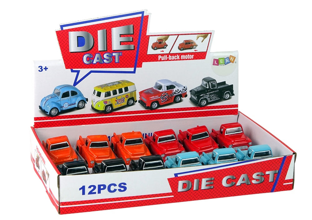 Friktionsdriven leksaksbil pickup 7,5 cm med gummidäck, 12-pack, färgval