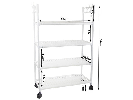Förvaringshylla med hjul 4 hyllplan + 4 krokar 86x56x26,5 cm