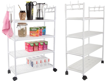 Förvaringshylla med hjul 4 hyllplan + 4 krokar 86x56x26,5 cm