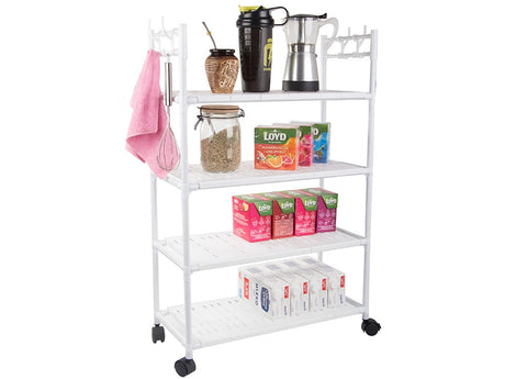 Förvaringshylla med hjul 4 hyllplan + 4 krokar 86x56x26,5 cm