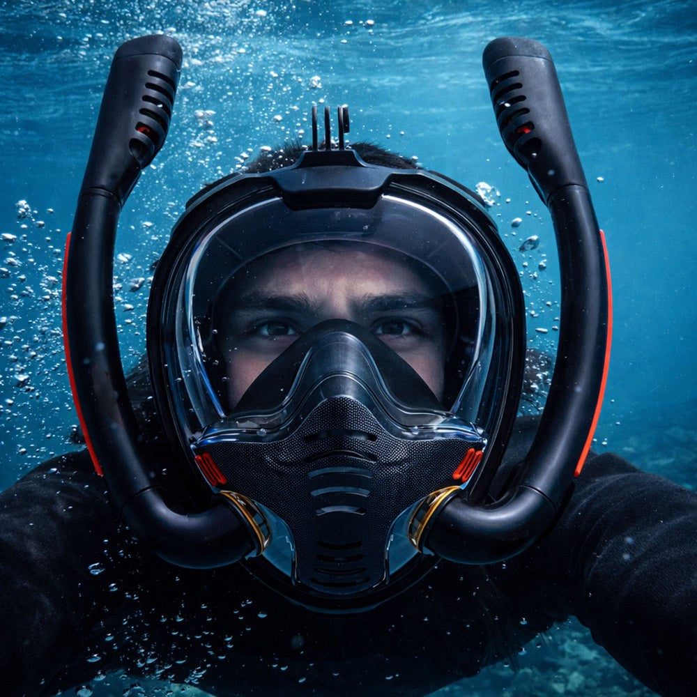Fullface snorklingsmask 180° AntiFog DryTop med hopfällbar snorkel