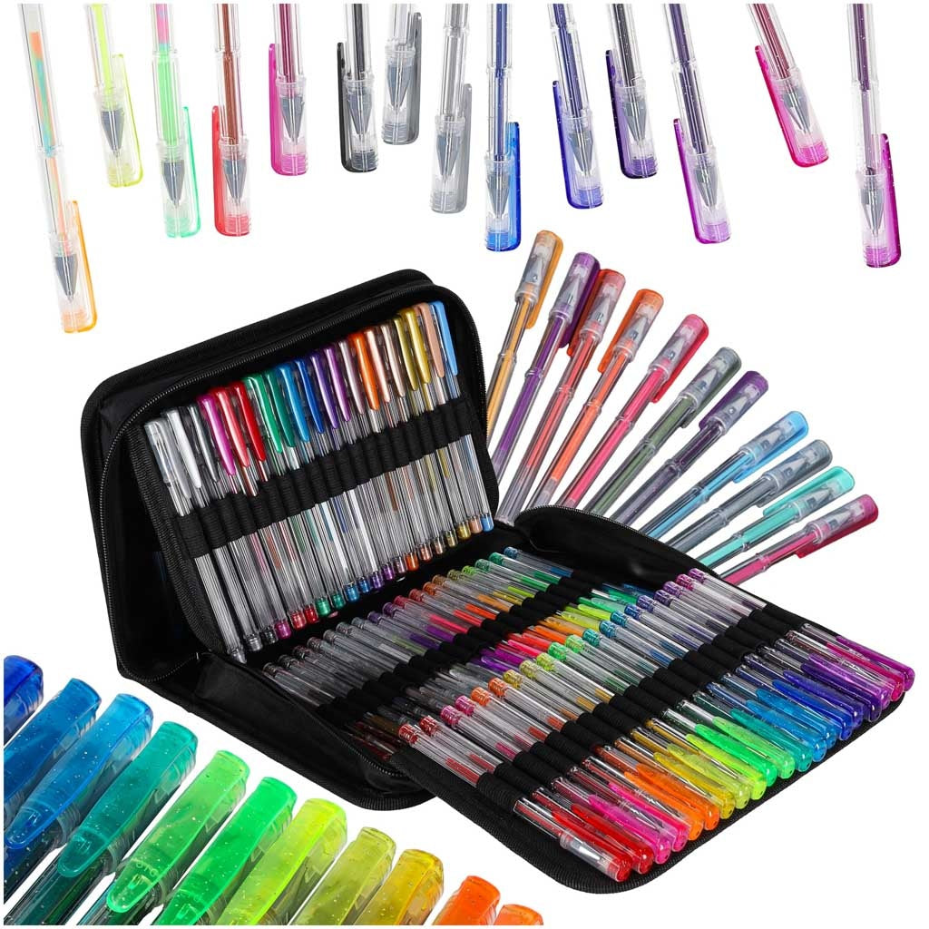 Gelpenna set 100 st + 100 refiller glitter/metallic/neon i fodral