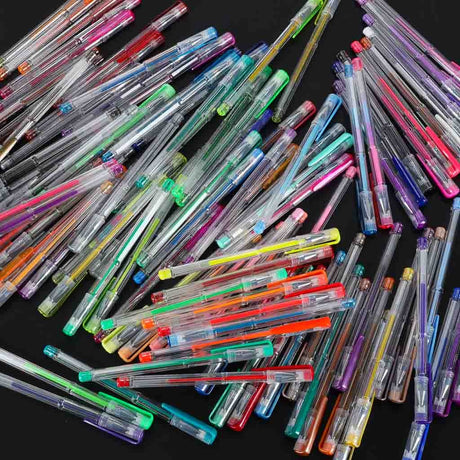 Gelpenna set 100 st + 100 refiller glitter/metallic/neon i fodral