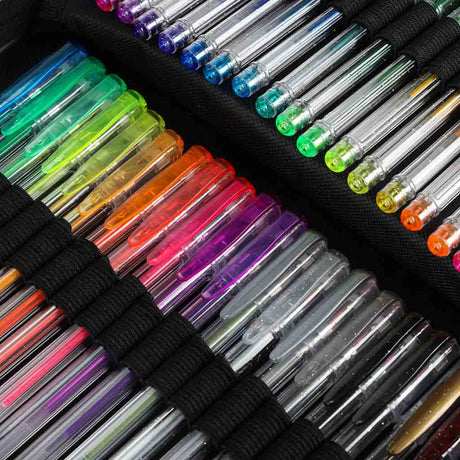 Gelpenna set 100 st + 100 refiller glitter/metallic/neon i fodral