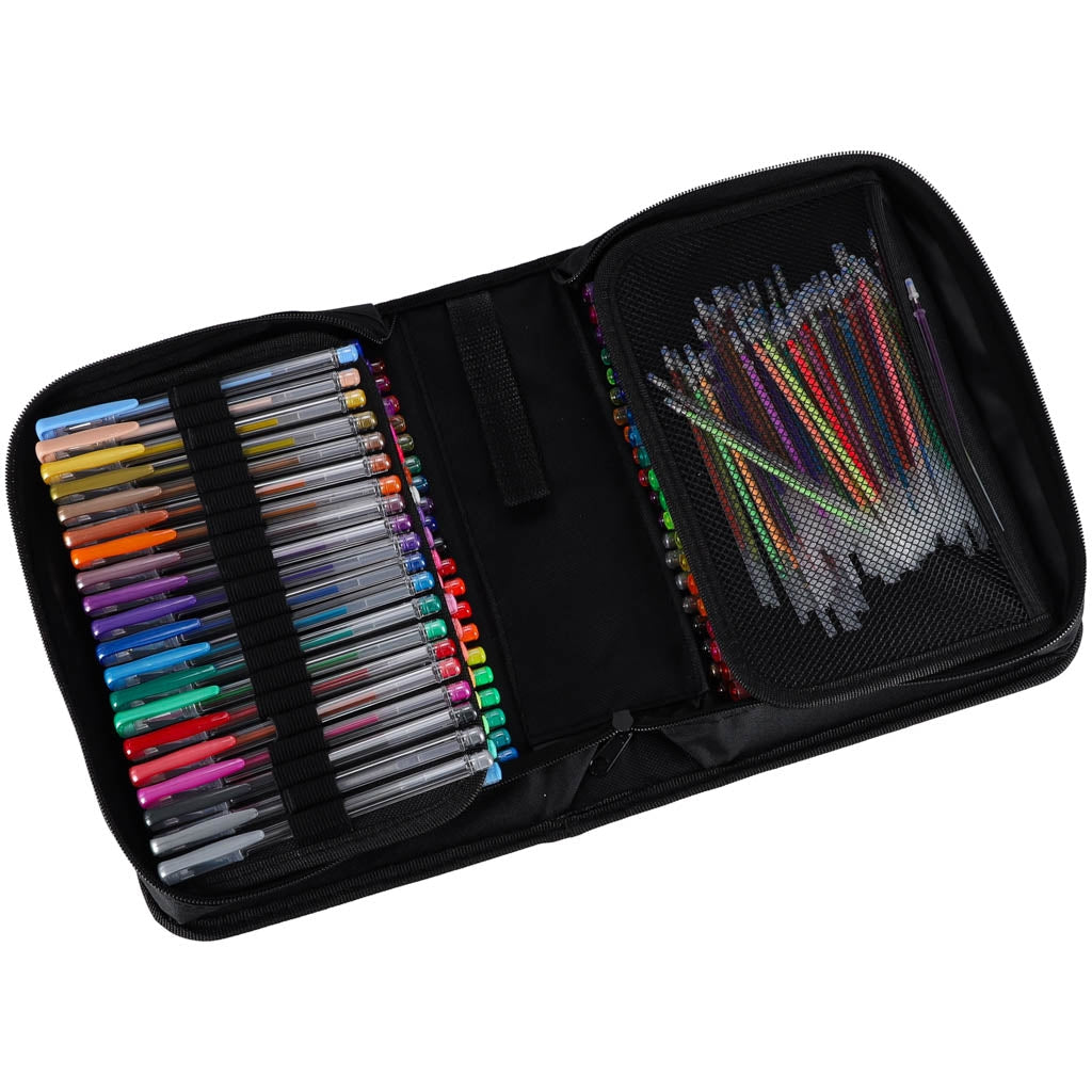 Gelpenna set 100 st + 100 refiller glitter/metallic/neon i fodral
