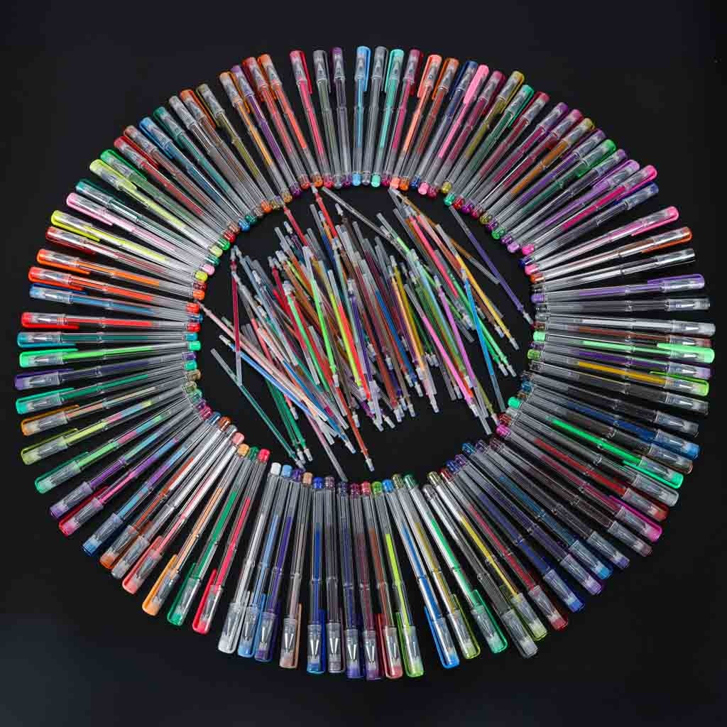 Gelpenna set 100 st + 100 refiller glitter/metallic/neon i fodral